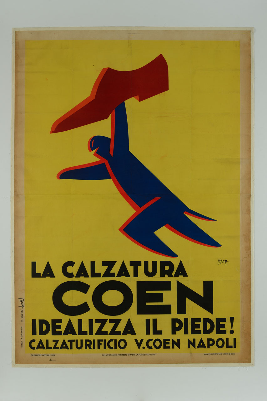 figura umana stilizzata e dinamica con grande scarpa tenuta in alto con il braccio teso (manifesto, stampa composita) di Magagnoli Giuseppe detto Maga (sec. XX)