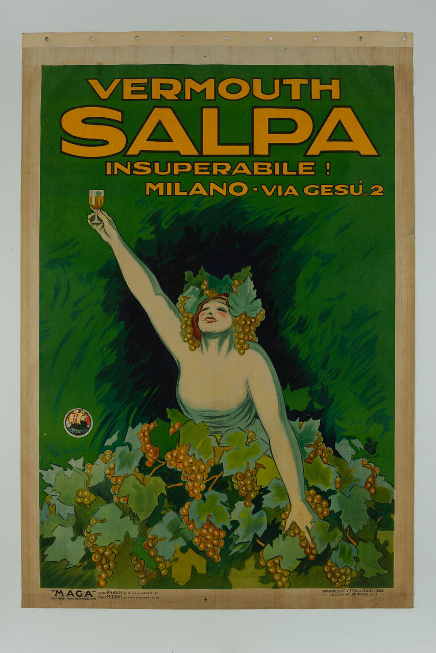 donna di erge tra tralci di vite e grappoli d'uva con un calice in mano (manifesto) di MAGA (sec. XX)