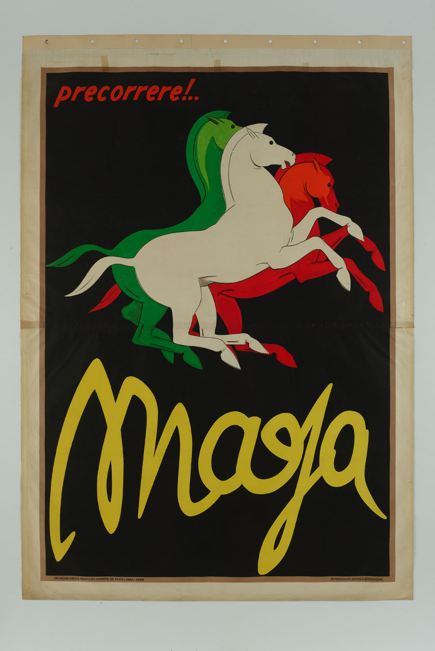 tre cavalli verde, bianco e rosso compongono la bandiera italiana (manifesto, stampa composita) di Magagnoli Giuseppe detto Maga (sec. XX)