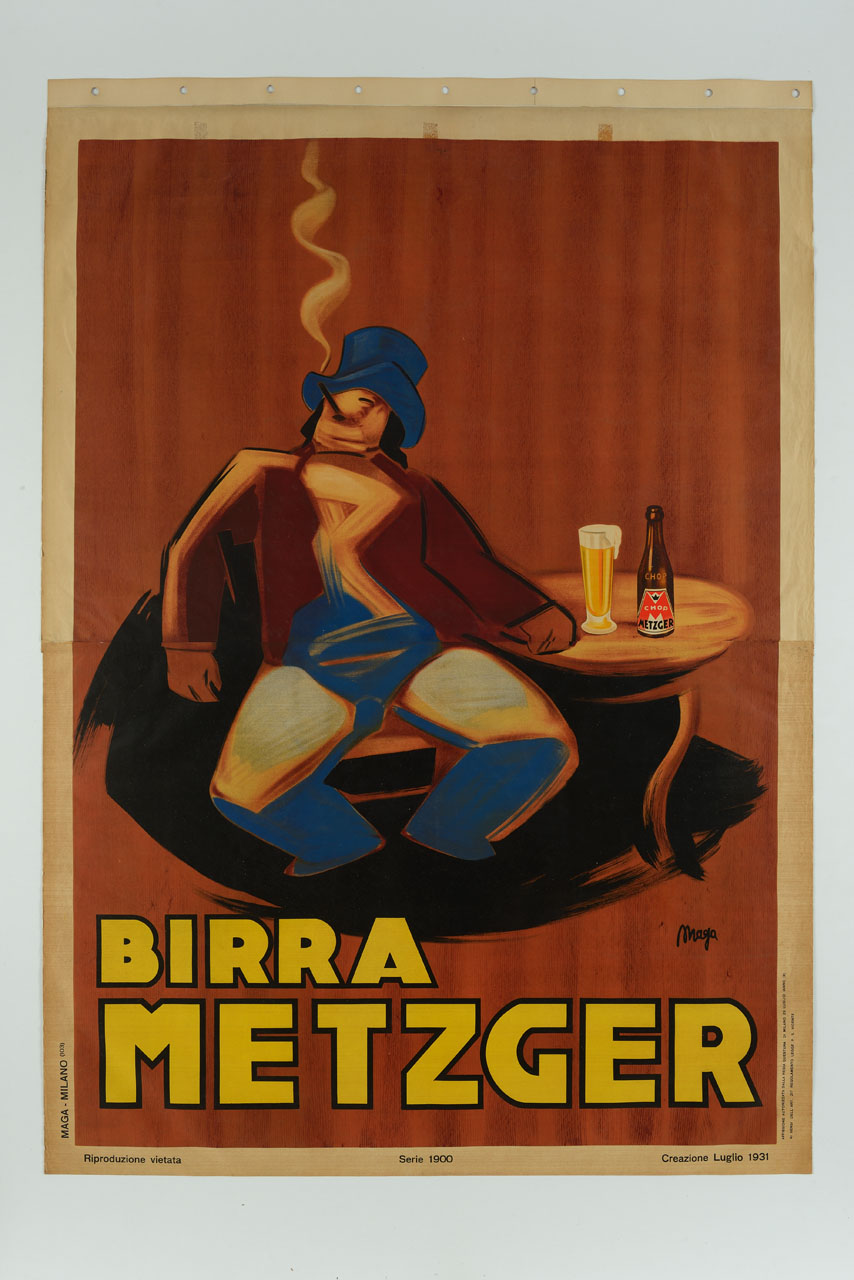 uomo con tuba e sigaro seduto ad un tavolo con bottiglia e bicchiere di birra (manifesto, stampa composita) di Magagnoli Giuseppe detto Maga (sec. XX)