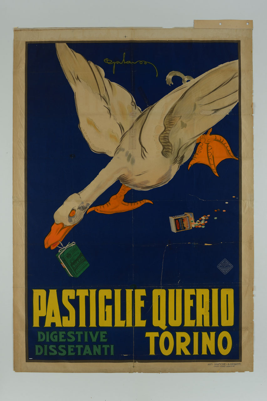 oca corre a ali aperte con una scatola di caramelle nel becco (manifesto) di Galaverna Ettore (sec. XX)