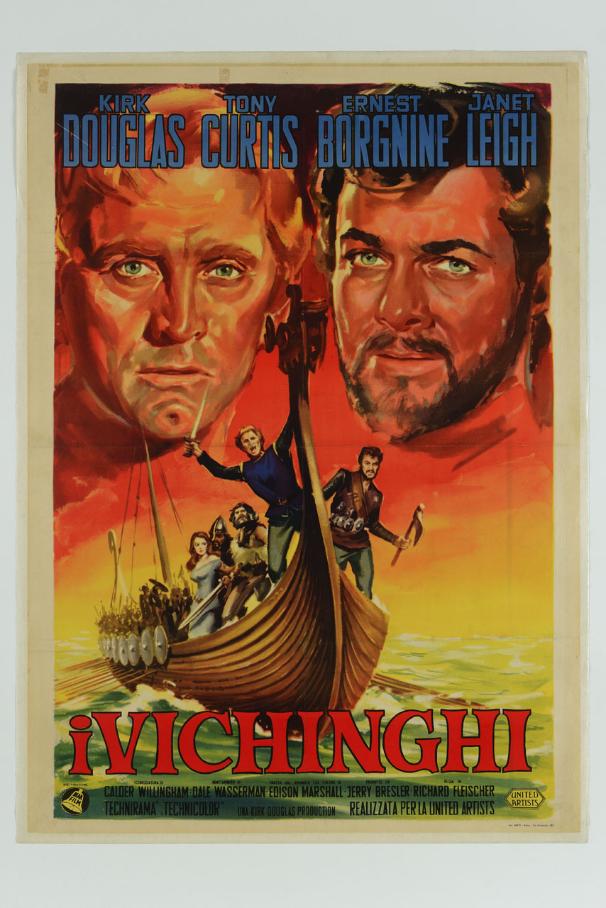 ritratti degli attori Kirk Douglas e Tony Curtis e nave vichinga in navigazione (manifesto) - ambito italiano (sec. XX)