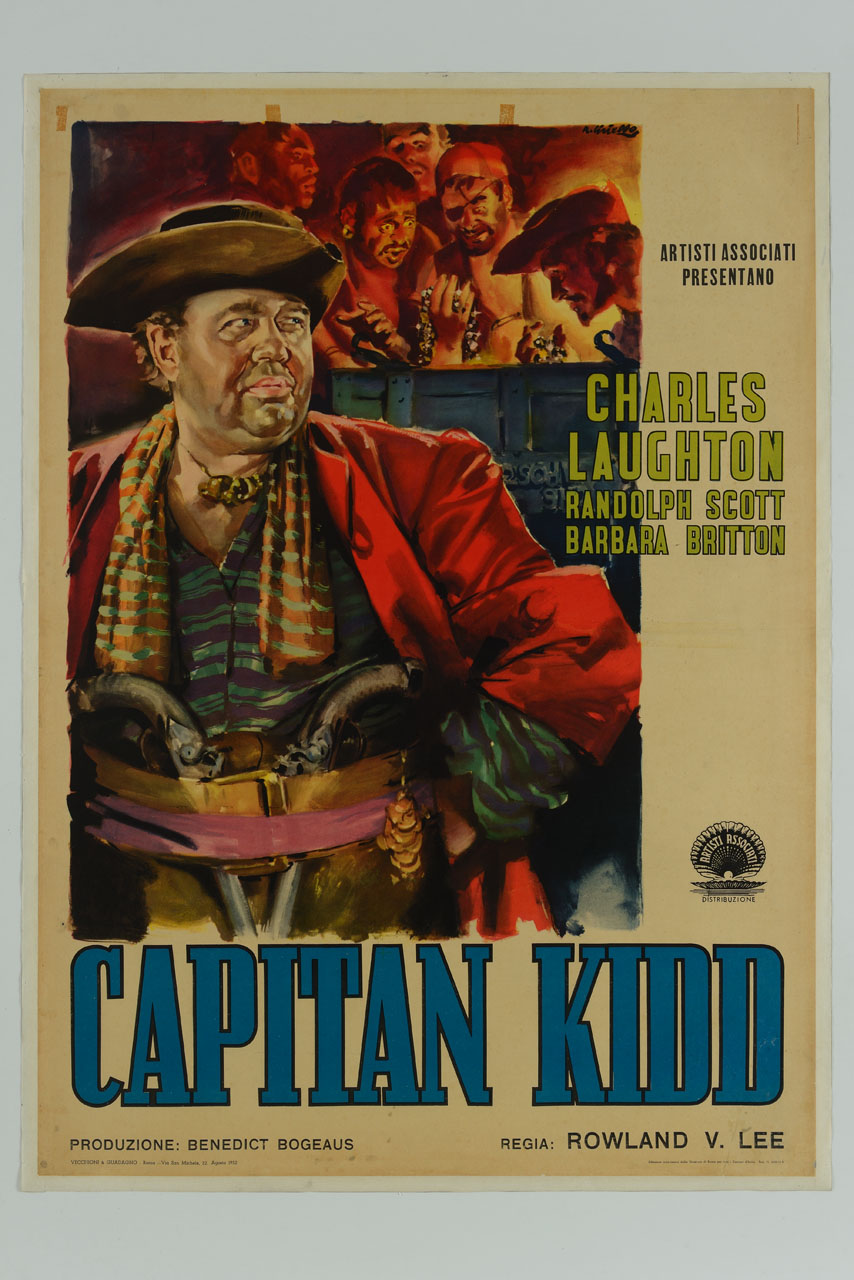 Charles Laughton nel ruolo del capitano Kidd sullo sfondo di pirati con un tesoro (manifesto) di Ciriello Averardo (sec. XX)