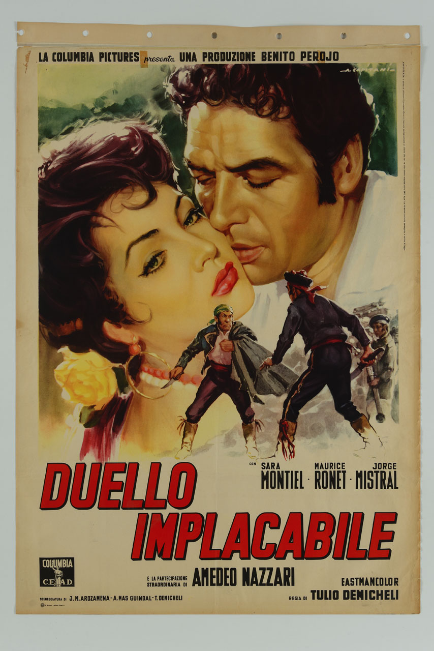 duello di pirati e sullo sfondo Maurice Ronet bacia Sara Montiel protagonisti del film Duello implacabile (manifesto) di Capitani Alfredo (sec. XX)