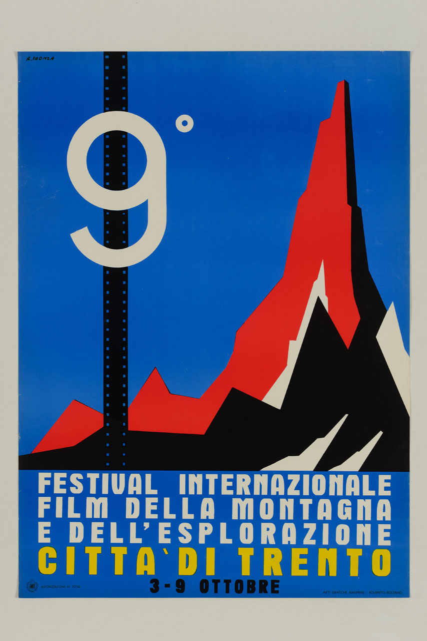 pellicola cinematografica distesa e vette alpine su fondo azzurro (locandina) di Fronza Renato (sec. XX)