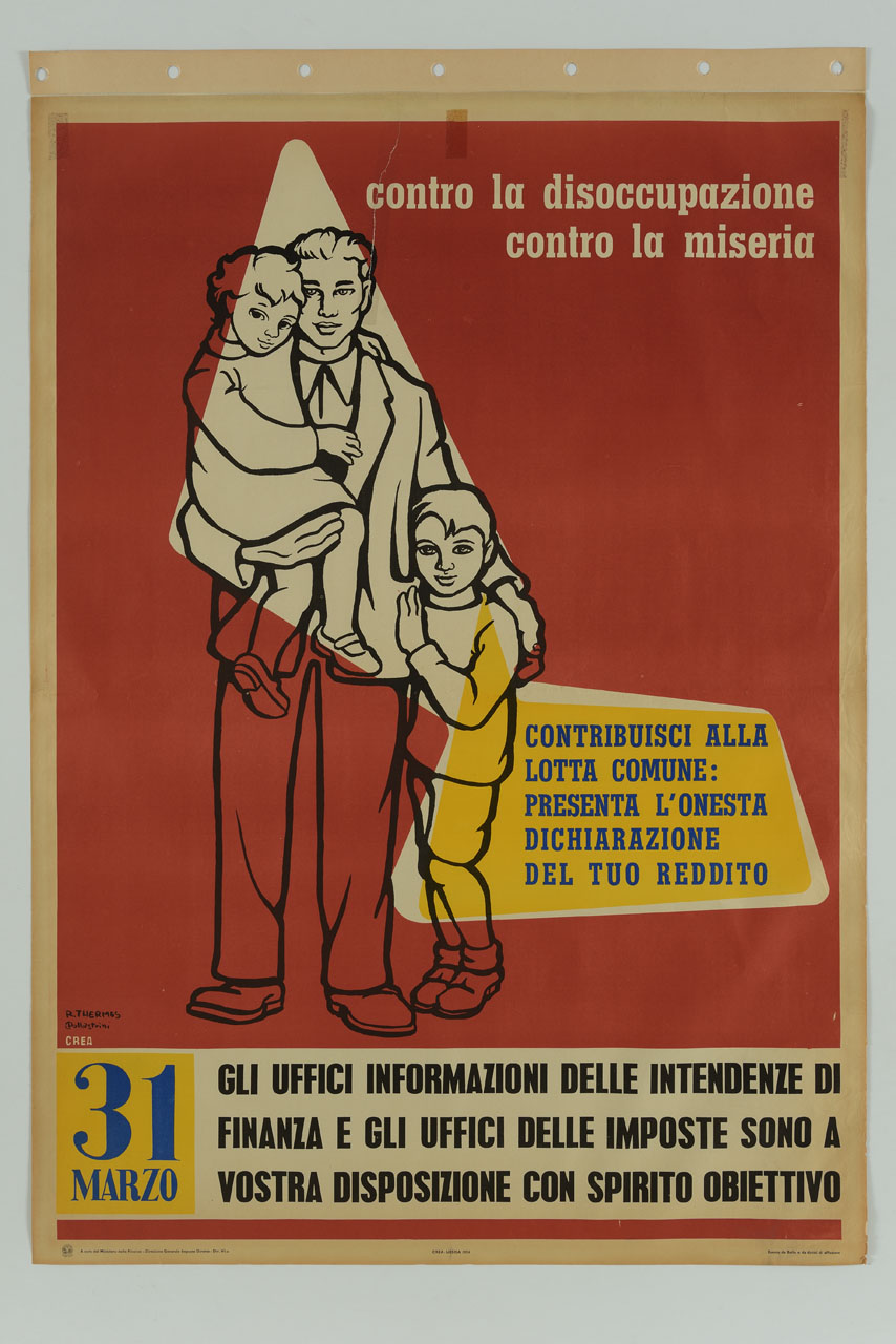 uomo con bambina in braccio e bambino al fianco (manifesto) di Thermes Rita, Pollastrini, Crea - Centro Grafico Pubblicitario (sec. XX)