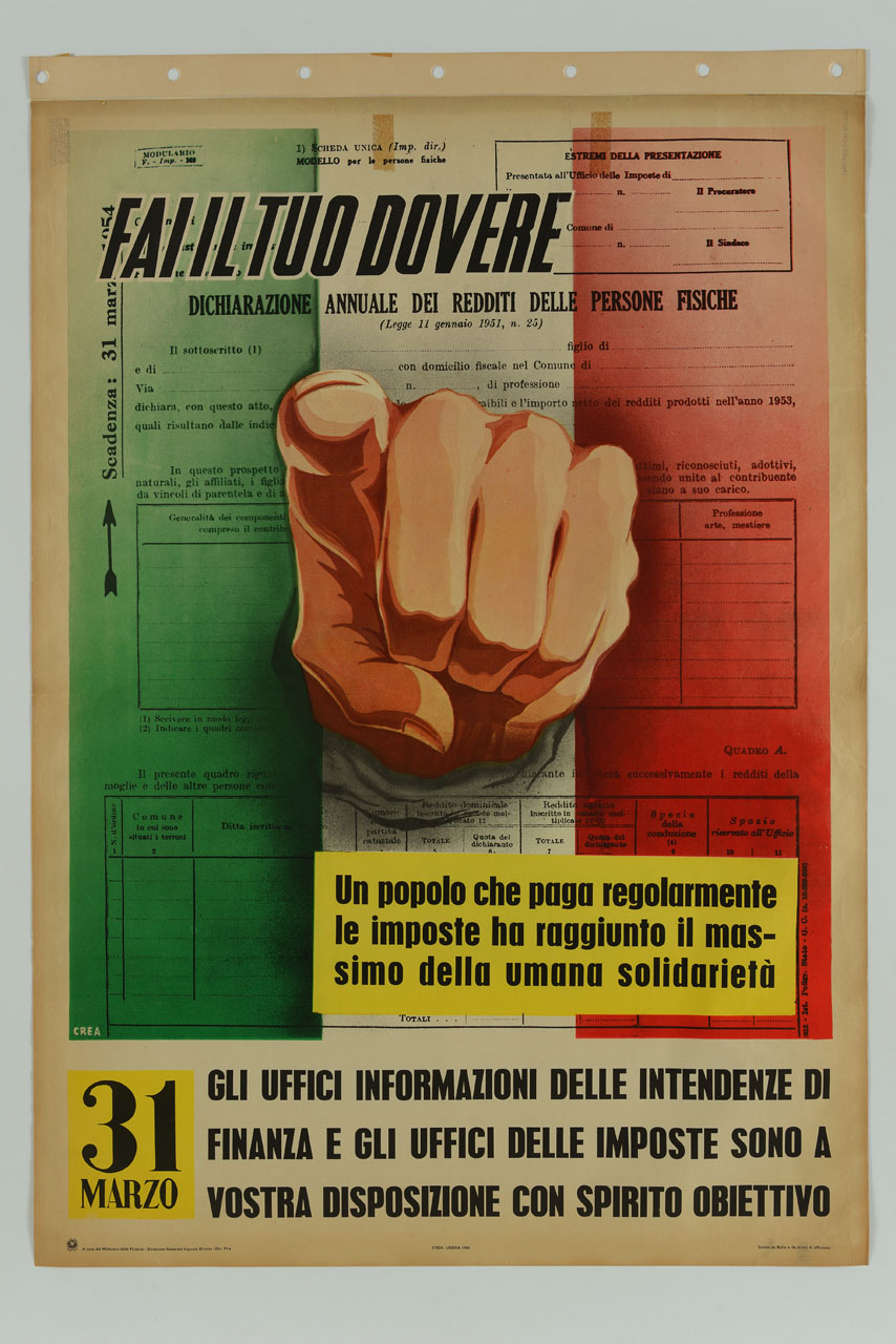 mano con il dito puntato verso il lettore sullo sfondo di un modulo per la dichiarazione dei redditi tricolore (manifesto) di Crea - Centro Grafico Pubblicitario (sec. XX)