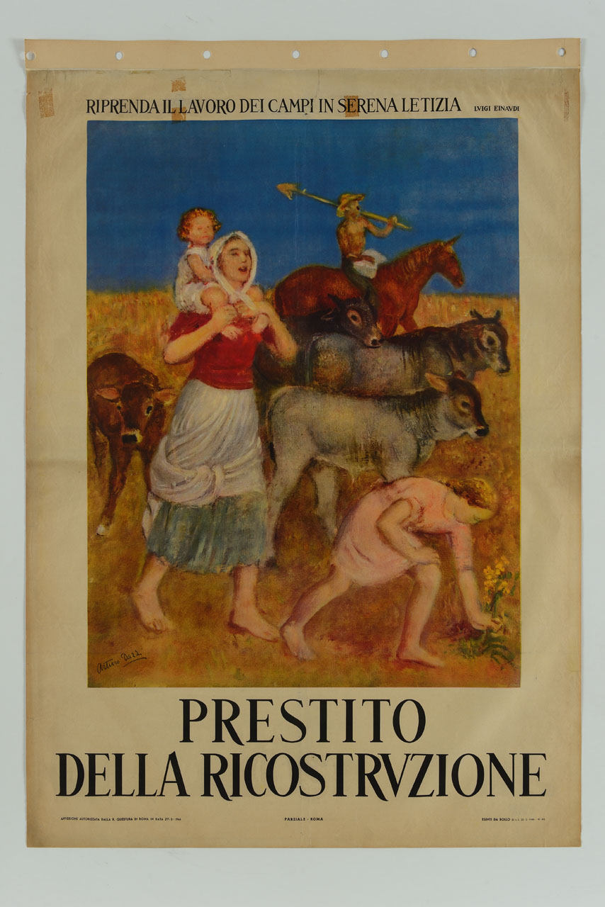 contadina con bambino sulle spalle avanza accompagnata da una bambina che coglie fiori, mucche e da contadino a cavallo (manifesto) di Dazzi Arturo (sec. XX)