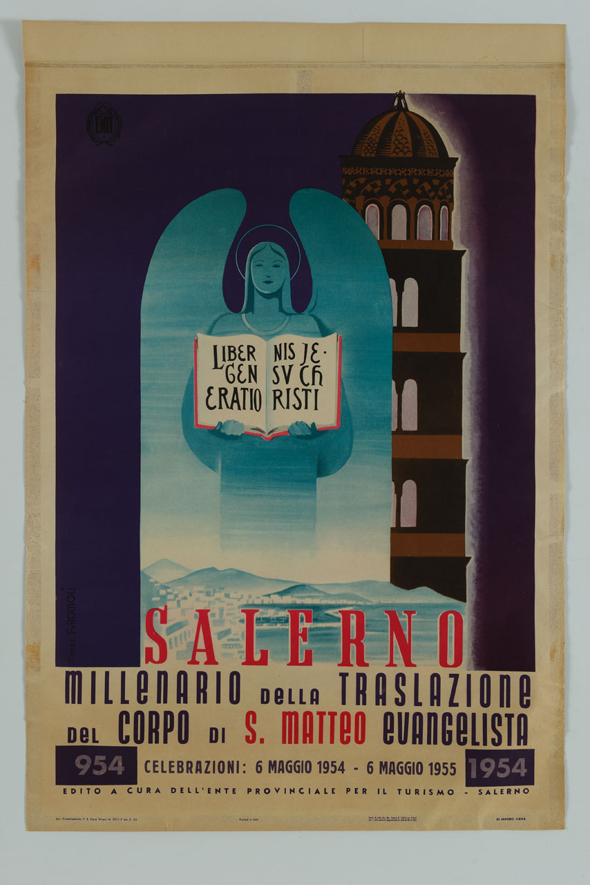 angelo con Sacra Scrittura tra le mani e campanile del Duomo di Salerno sullo sfondo (manifesto) di Romoli Filippo (sec. XX)