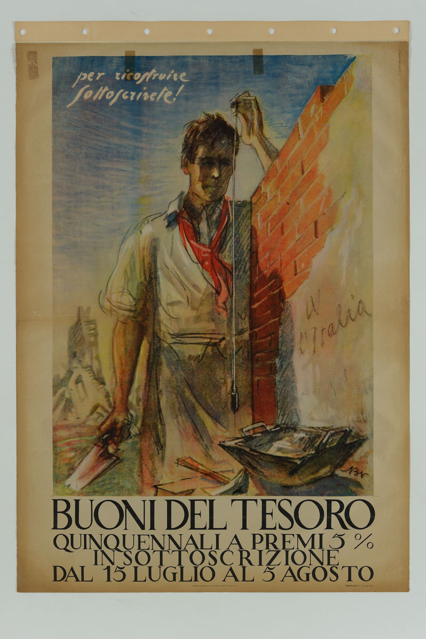 muratore con filo a piombo e cazzuola in mano (manifesto) - ambito italiano (sec. XX)