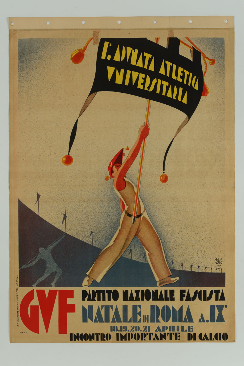 atleta portabandiera fa il giro dello stadio (manifesto) di Gobbo Cesare (sec. XX)