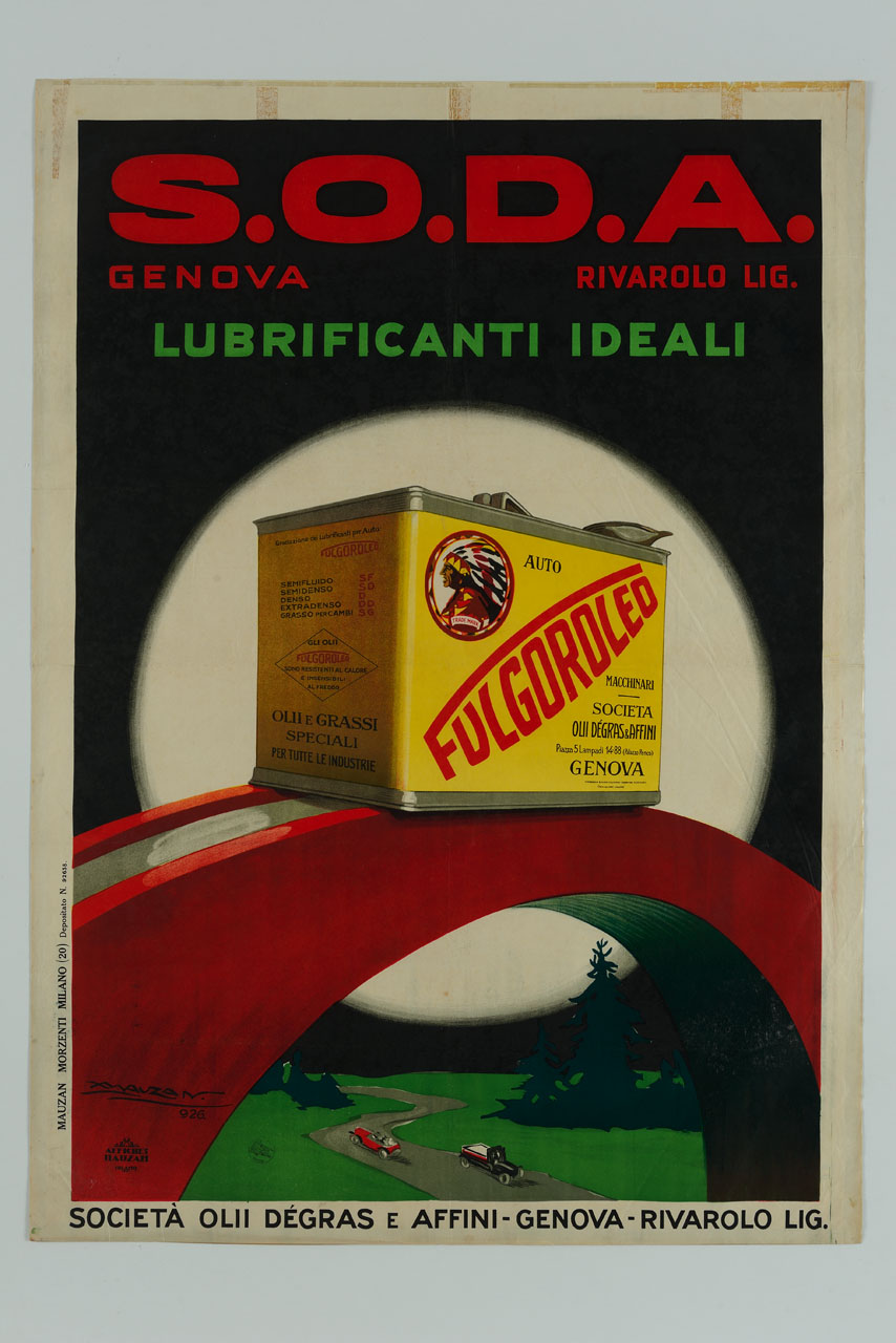 tanica di lubrificante sopra un ponte e al di sotto una strada con autoveicoli (manifesto) di Mauzan Achille Luciano (sec. XX)