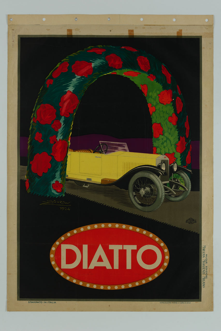 automobile in transito sotto un arco fiorito (manifesto) di Mauzan Achille Luciano (sec. XX)