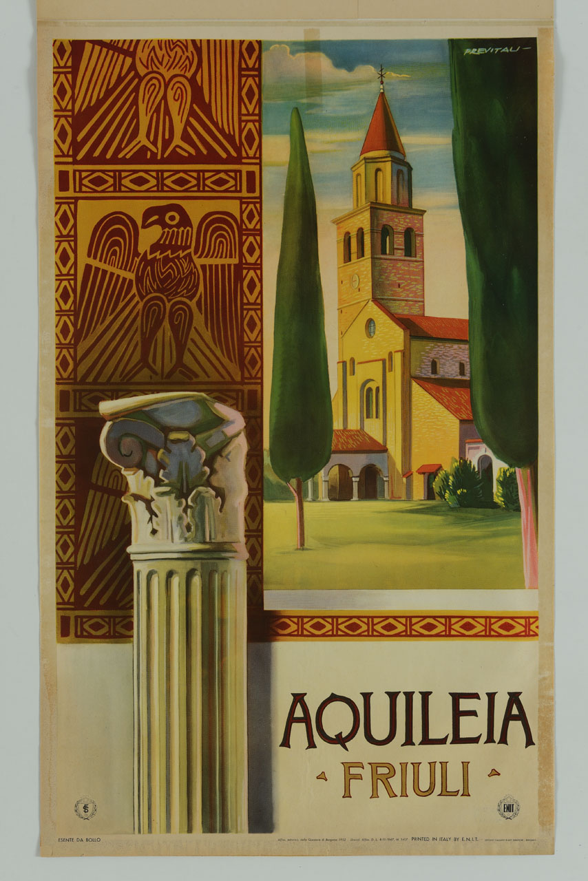 colonna e decorazione musiva con la basilica di Aquileia sullo sfondo (manifesto) di Previtali Delfo (sec. XX)