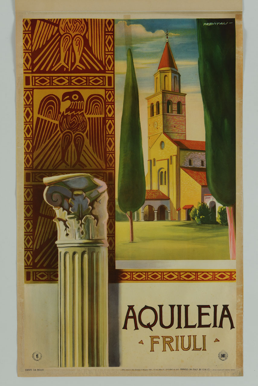 colonna e decorazione musiva con la basilica di Aquileia sullo sfondo (manifesto) di Previtali Delfo (sec. XX)