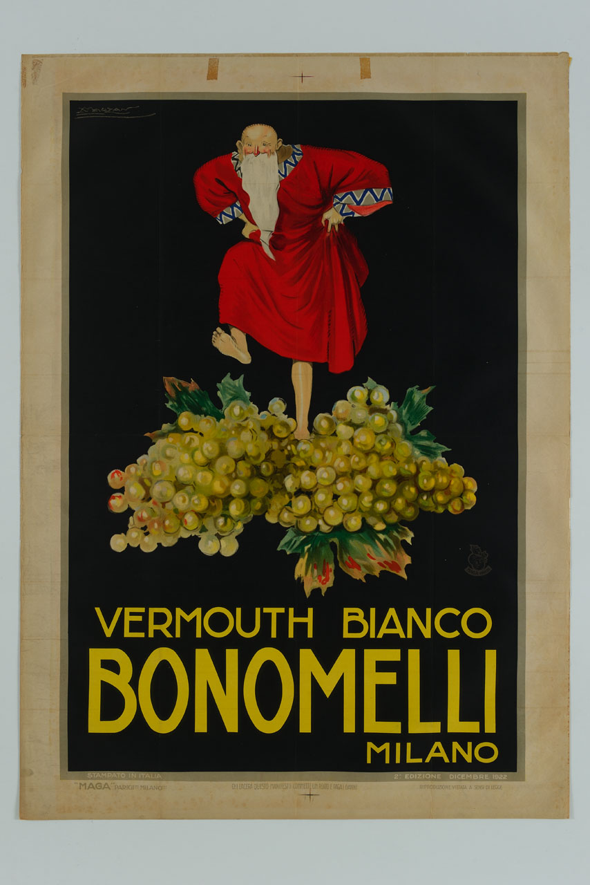 uomo barbuto pigia grandi grappoli di uva bianca (manifesto) di Mauzan Achille Luciano, MAGA (sec. XX)
