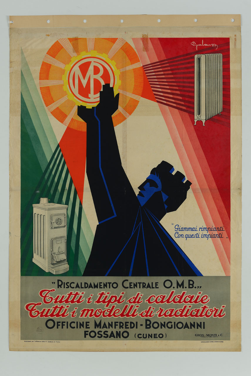 figura allegorica tende le mani a un sole i cui raggi irradiano una stufa e un calorifero (manifesto) di Galaverna Ettore (sec. XX)