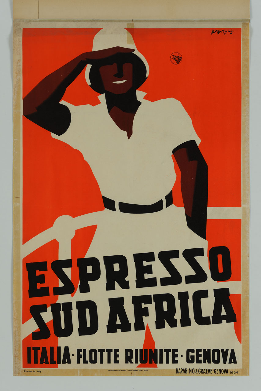 uomo in abito bianco abbagliato dal sole vicino a un parapetto (manifesto) di Patrone Giovanni (sec. XX)