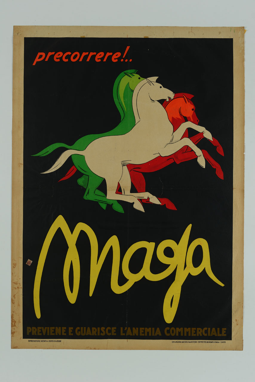tre cavalli di colore bianco rosso e verde (manifesto) di MAGA (sec. XX)