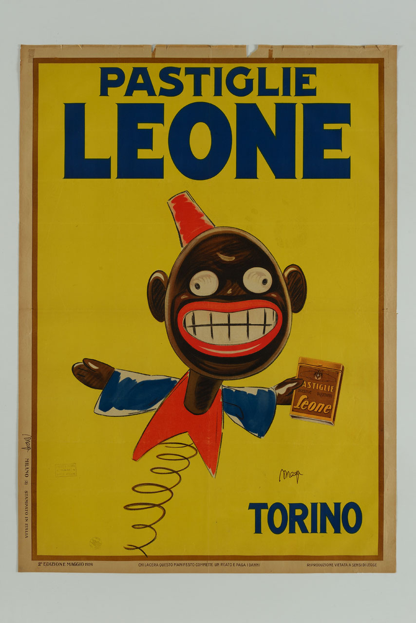 pupazzetto a molla con in mano scatole di caramelle (manifesto) di MAGA (sec. XX)