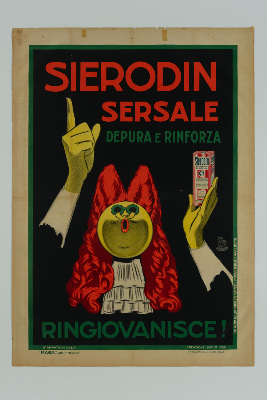 figura maschile con parrucca alza una confezione di siero indicando scritte pubblicitarie (manifesto) di MAGA (sec. XX)