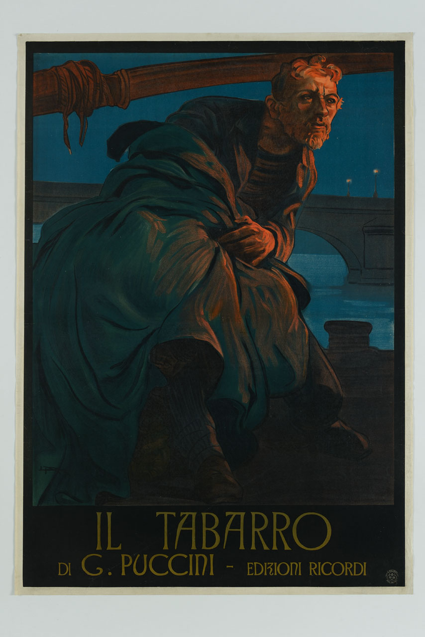 uomo avvolto in un mantello sullo sfondo di un ponte parigino (manifesto) di Metlicovitz Leopoldo (sec. XX)