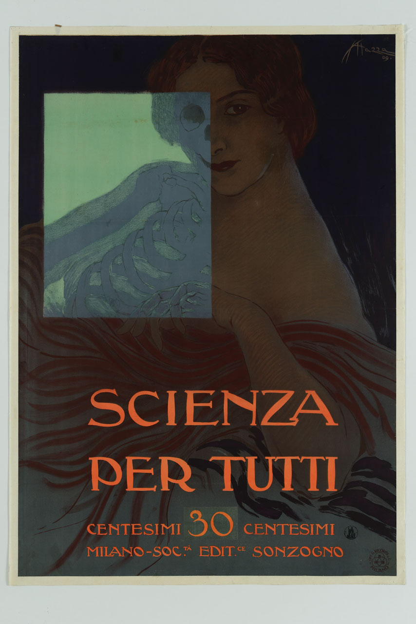 donna della quale si vede in trasparenza parte dello scheletro (manifesto) di Mazza Aldo (sec. XX)