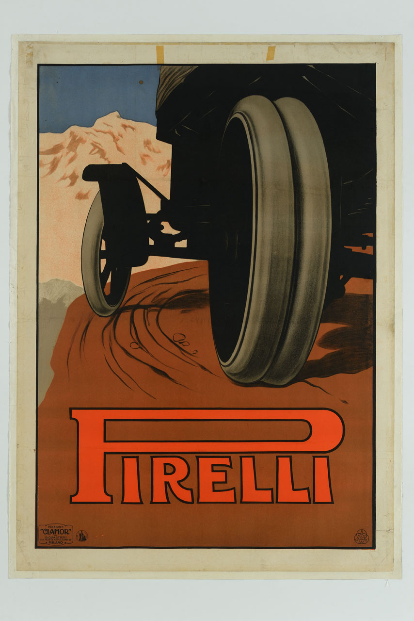 ruote di automobile percorrono una strada sterrata (manifesto) - ambito italiano (sec. XX)