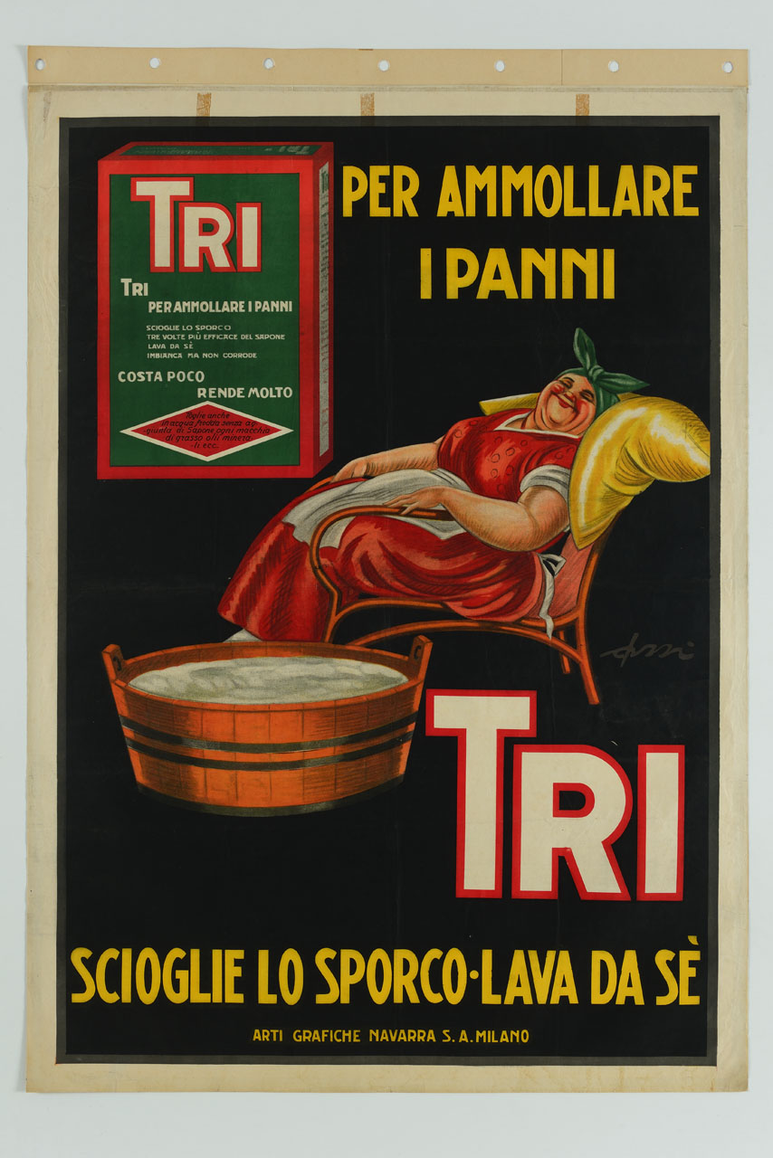 donna in poltrona accanto a una tinozza da bucato con una confezione di detersivo (manifesto) di Orsi Italo (sec. XX)