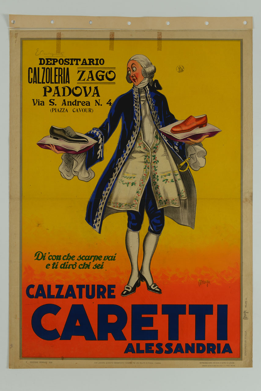uomo in abiti settecenteschi sostiene due cuscini con scarpe da uomo (manifesto) di Occhipinti E, MAGA (sec. XX)