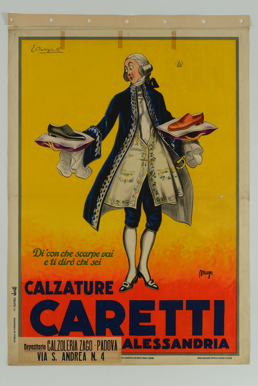 uomo in abiti settecenteschi sostiene due cuscini con scarpe da uomo (manifesto) di Occhipinti E, MAGA (sec. XX)