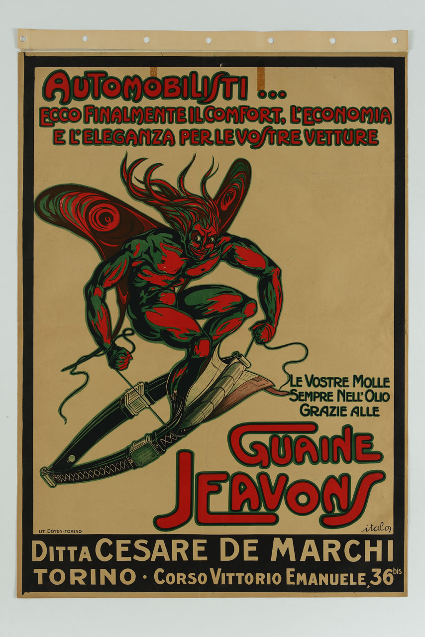 figura diavolesca con ali avvolge una sospensione per automobili (manifesto) di Itala - ambito italiano (sec. XX)