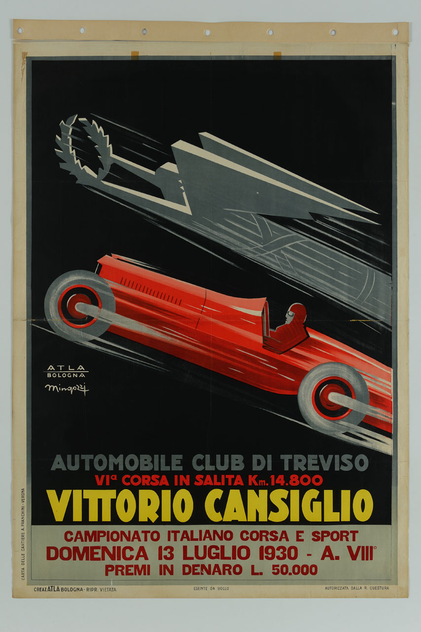 pilota su automobile in corsa e personificazione della velocità (manifesto) di Mingozzi Giovanni, ATLA - Pubblicità - Bologna (sec. XX)