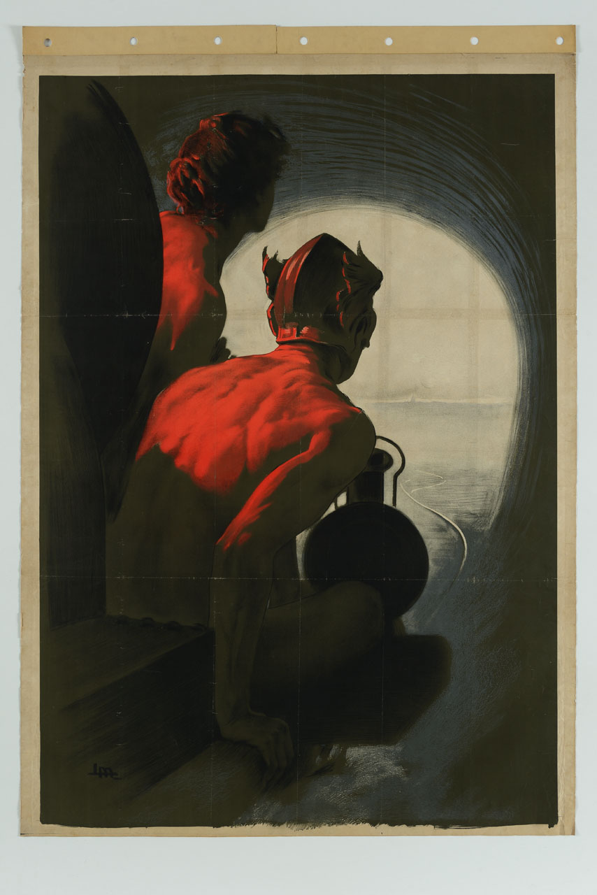 due figure maschili su locomotiva in procinto di uscire da un tunnel (manifesto) di Metlicovitz Leopoldo (sec. XX)