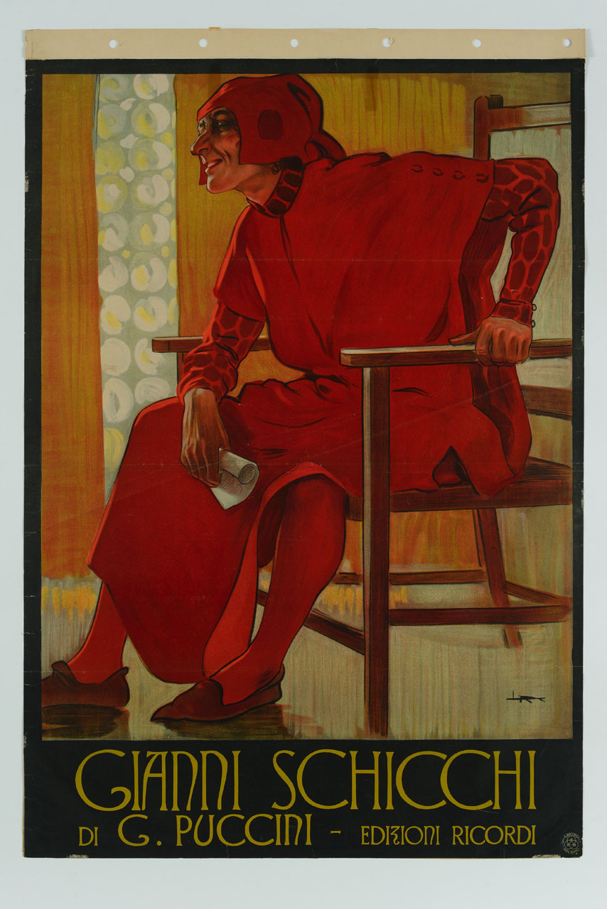 uomo seduto su una sedia con un foglio in mano (manifesto) di Metlicovitz Leopoldo (sec. XX)