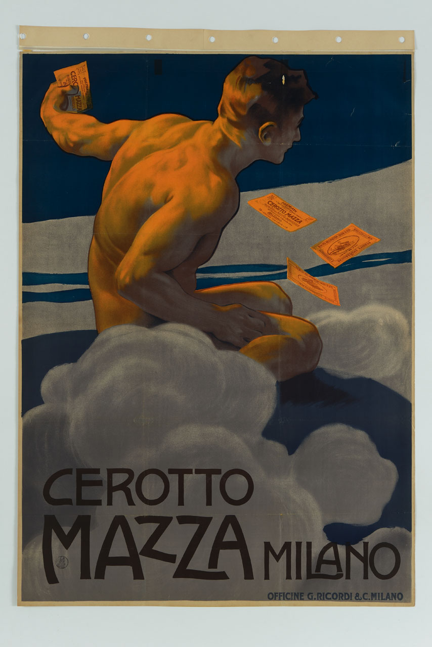 uomo nudo tra nuvole sparge fogli di carta (manifesto) - ambito italiano (sec. XX)