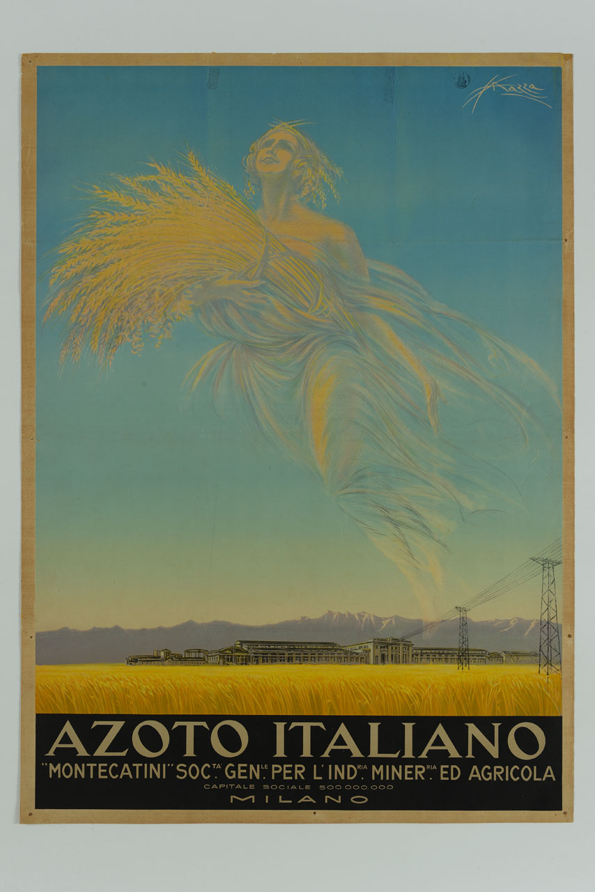 figura femminile con fascio di spighe sullo sfondo di un'azienda agricola (manifesto) di Mazza Aldo (sec. XX)