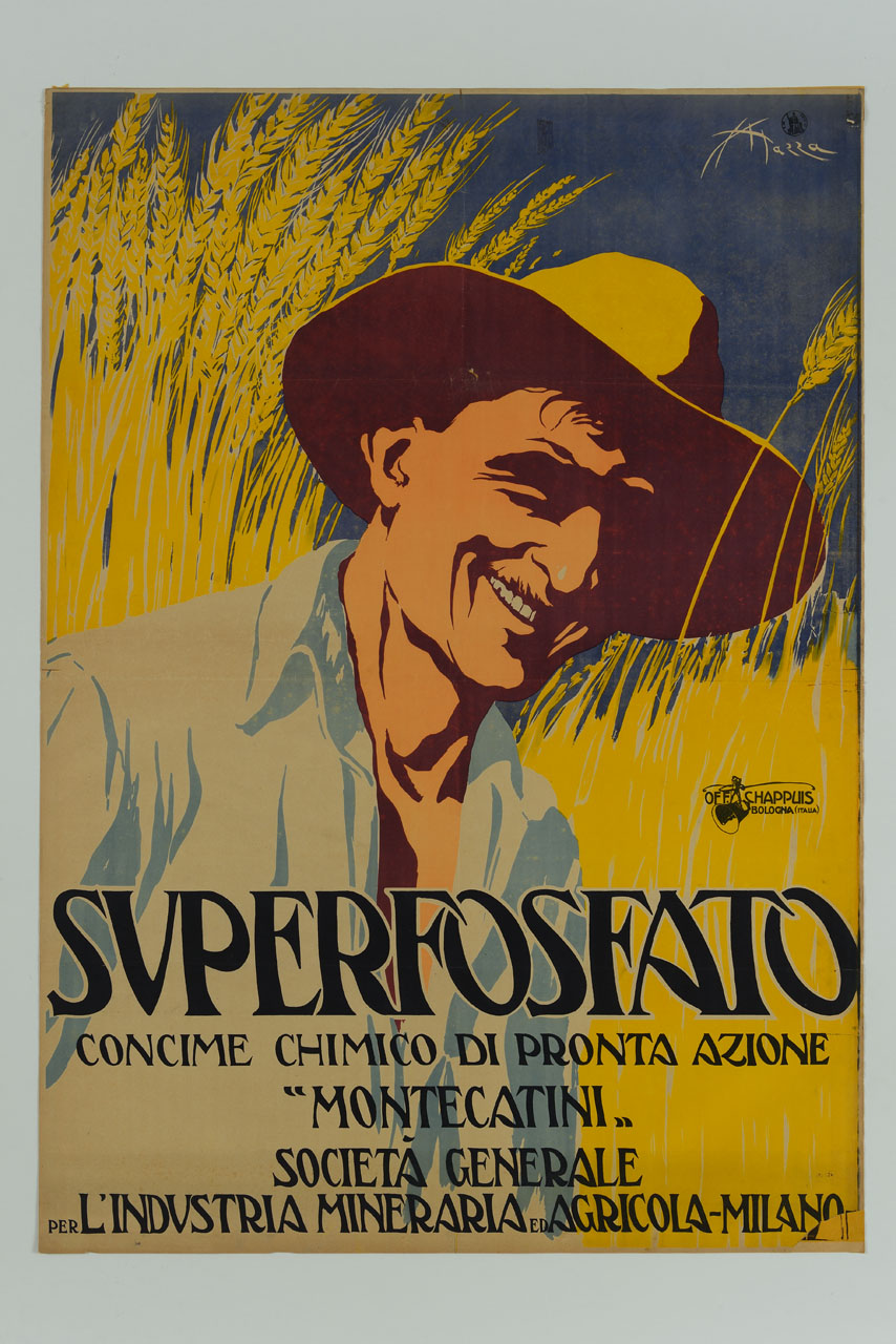 uomo con cappello tra spighe (manifesto) di Mazza Aldo (sec. XX)