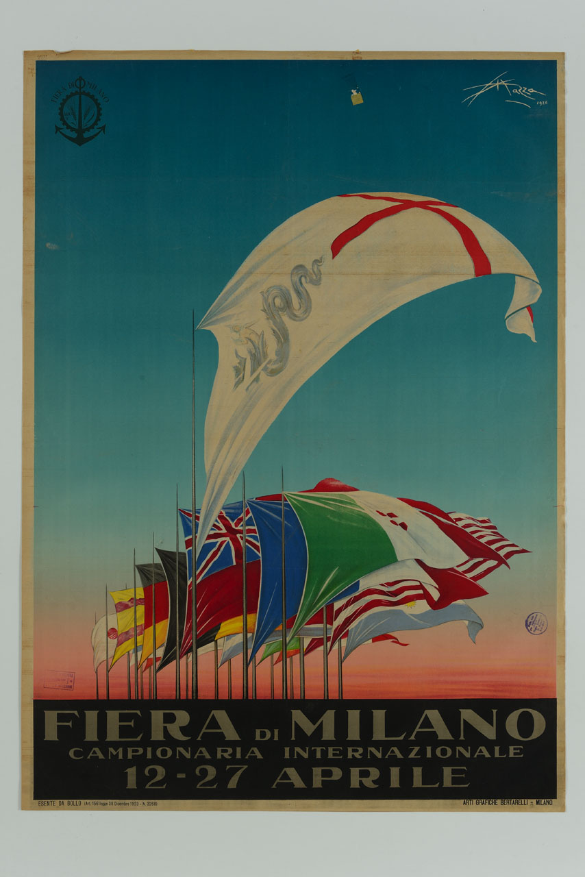 moltitudine di bandiere sventolanti sovrastate da vessillo di Milano (manifesto) di Mazza Aldo (sec. XX)