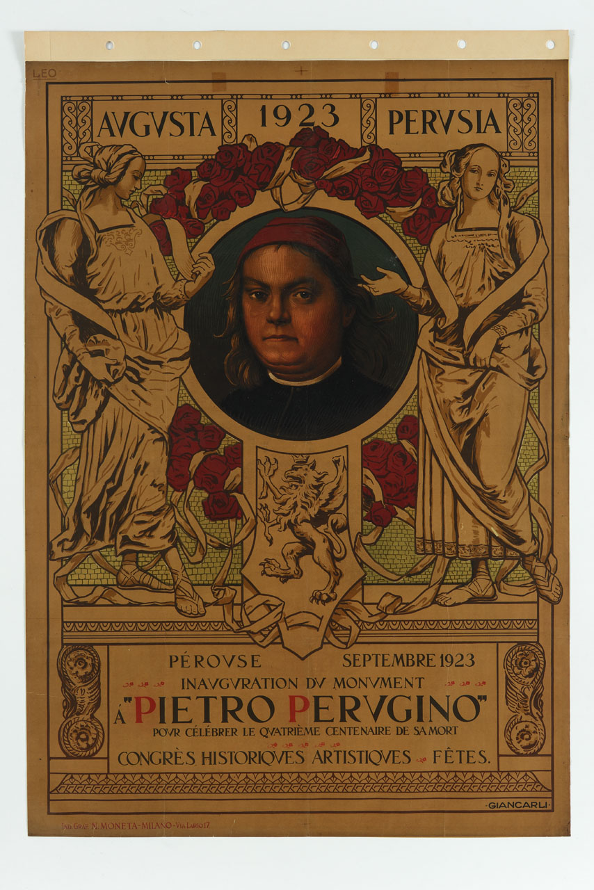 ritratto di Pietro Perugino tra le sibille eritrea e tiburtina (manifesto) di Giancarli Alfredo (sec. XX)