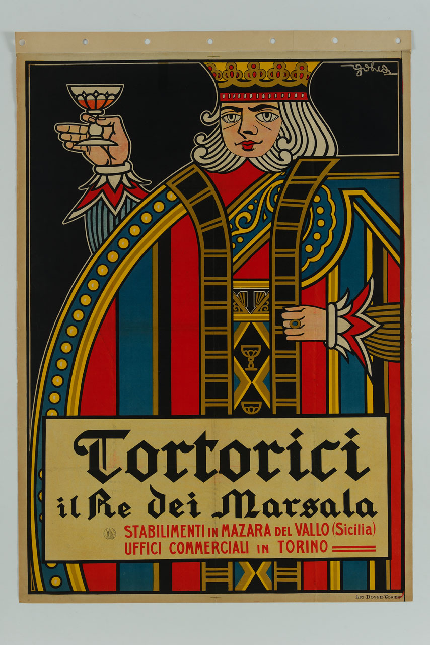 re di cuori con bicchiere di marsala in mano (manifesto) di Colmo Eugenio detto Golia (sec. XX)
