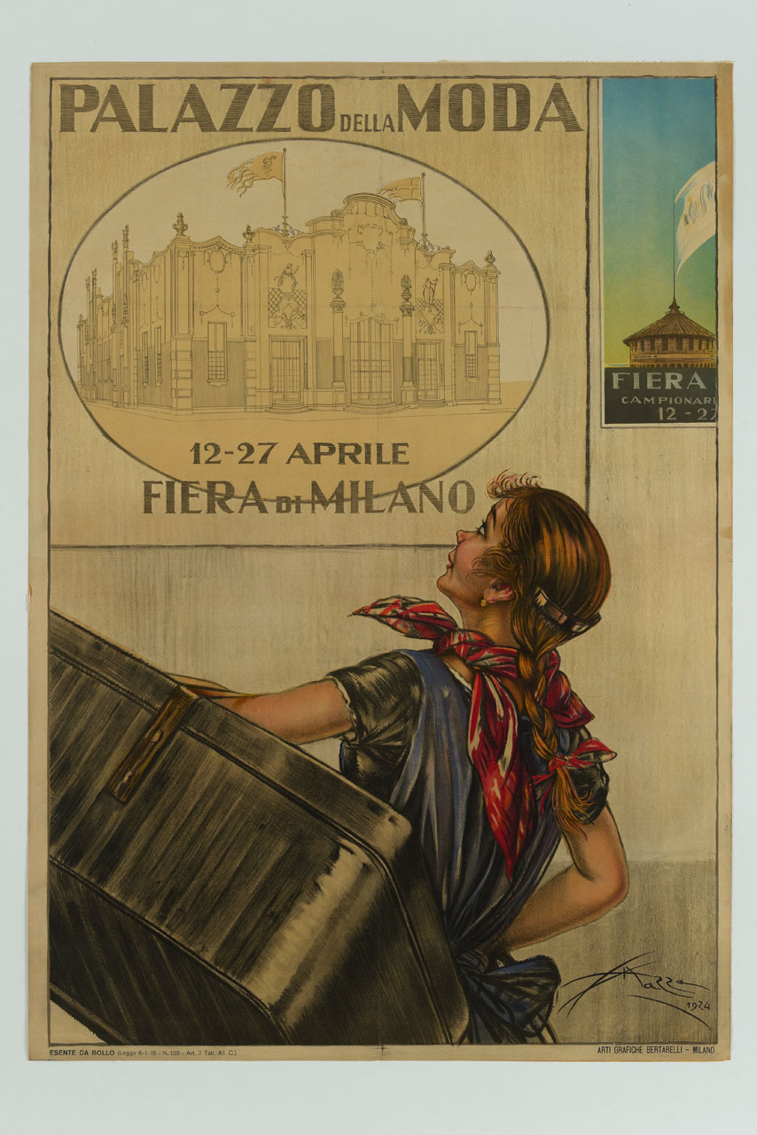 ragazza con grande contenitore osserva un manifesto della Fiera di Milano (manifesto) di Mazza Aldo (sec. XX)