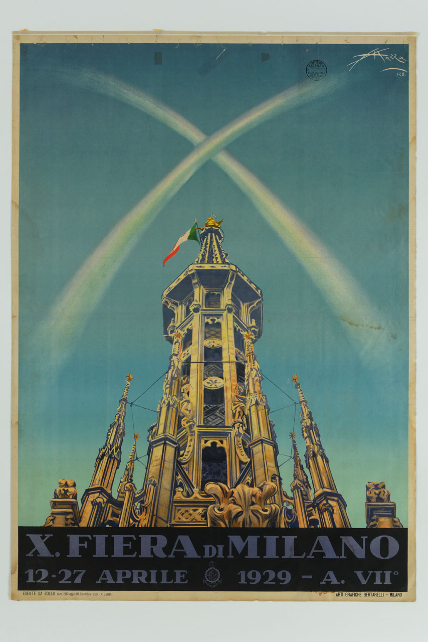 Madonnina del Duomo di Milano con bandiera italiana sovrastata da due scie di aereo che formano una X (manifesto) di Mazza Aldo (sec. XX)