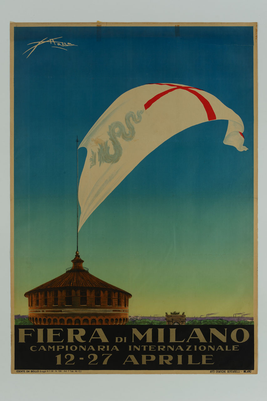 stendardo con stemma di Milano sventola dal Castello Sforzesco (manifesto) di Mazza Aldo (sec. XX)