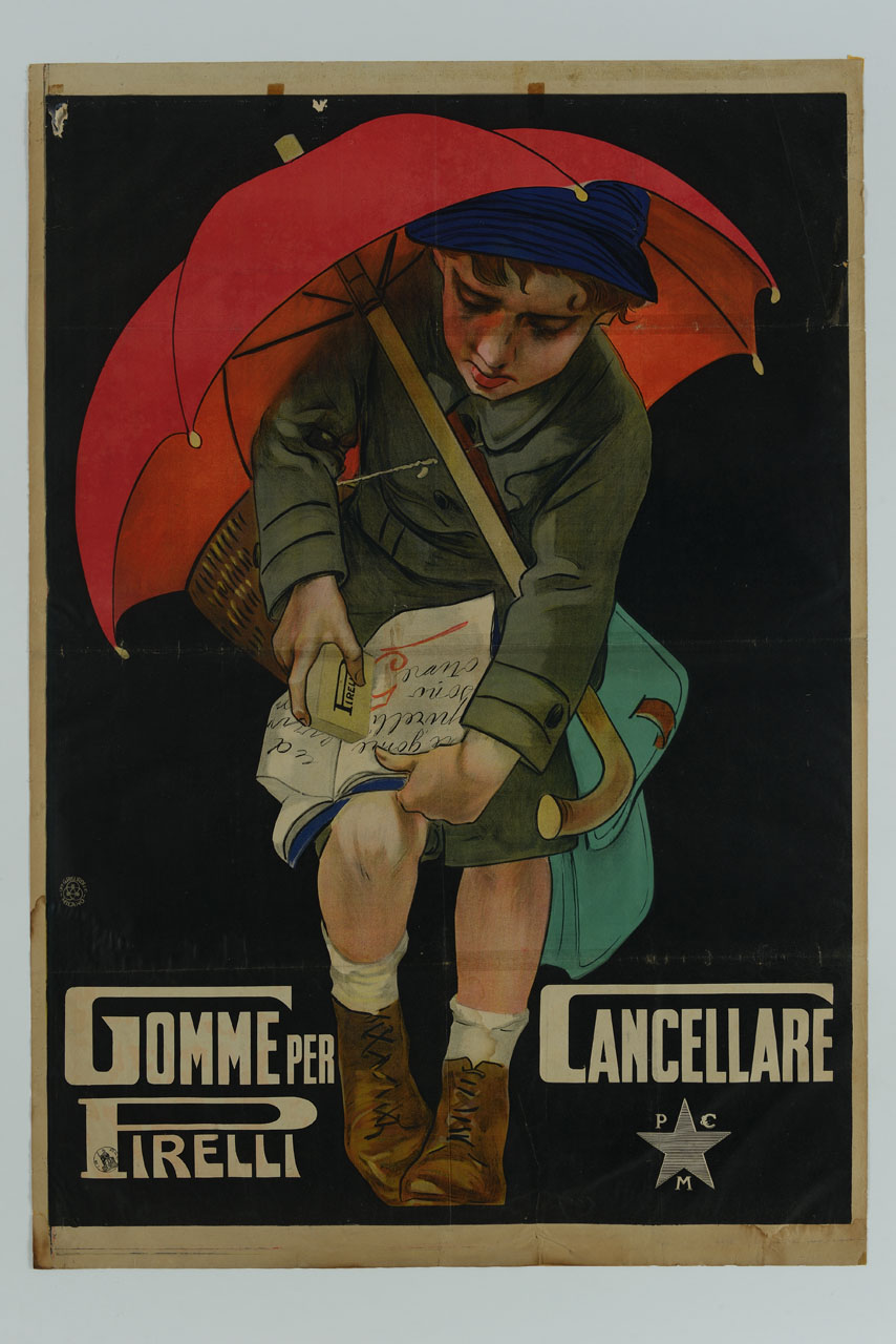bambina sotto un ombrello cancella un brutto voto su quaderno (manifesto) - ambito italiano (sec. XX)