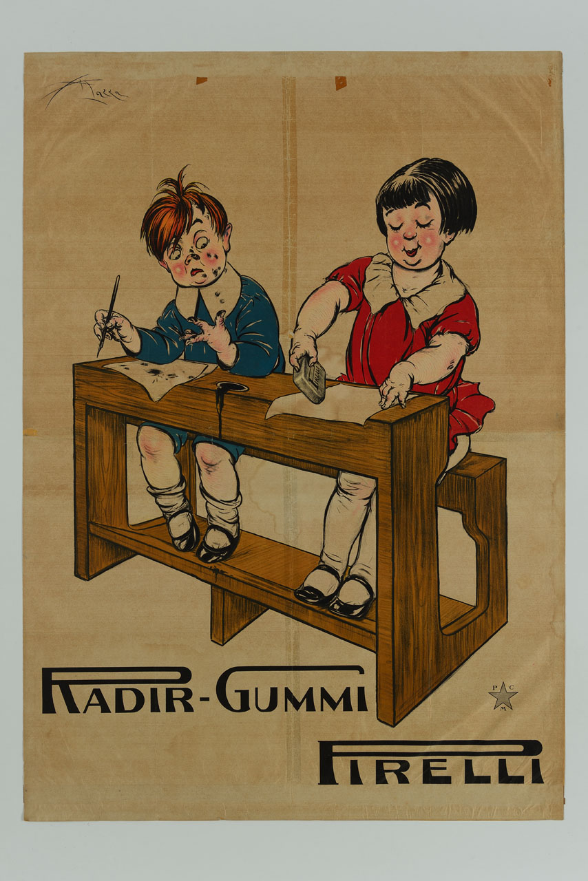 bambino e bambina seduti ad un banco scolastico (manifesto) di Mazza Aldo (sec. XX)
