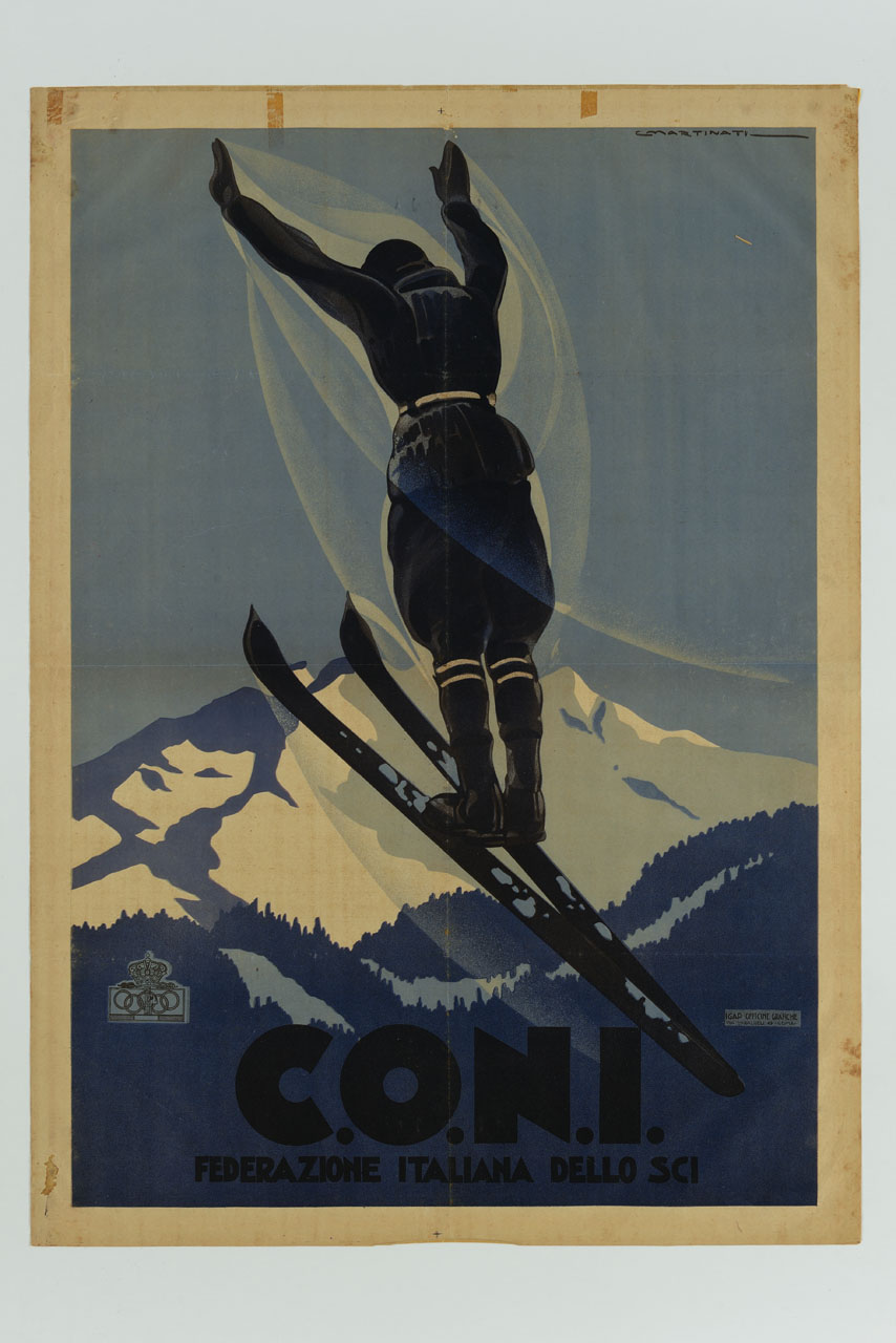sciatore in volo sullo sfondo di cime innevate (manifesto) di Martinati Luigi (sec. XX)
