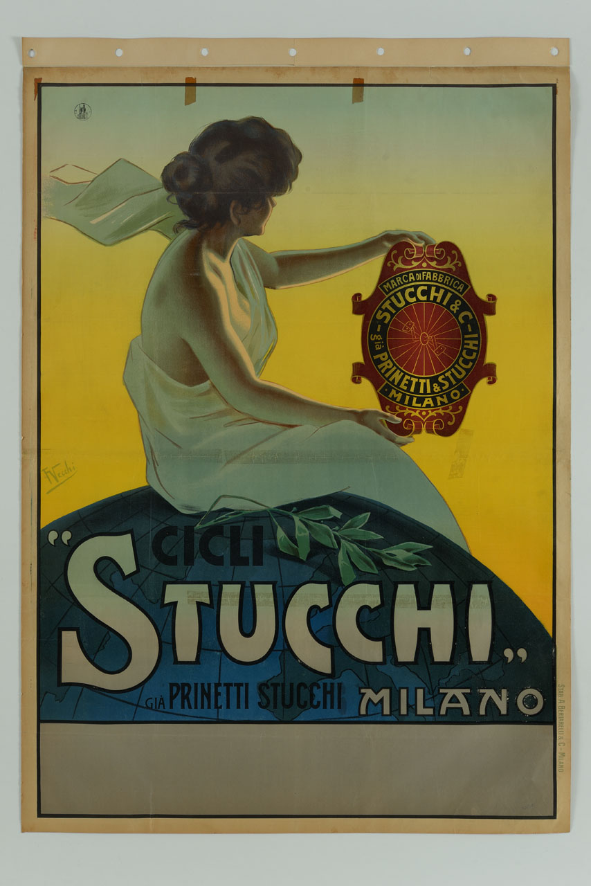 donna seduta su Globo terrestre regge il marchio della ditta Stucchi & C (manifesto) di Vecchi F (sec. XX)
