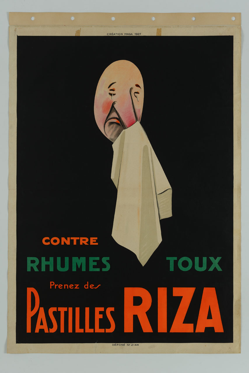 viso maschile piangente nell'atto di soffiarsi il naso (manifesto) di MAGA (sec. XX)