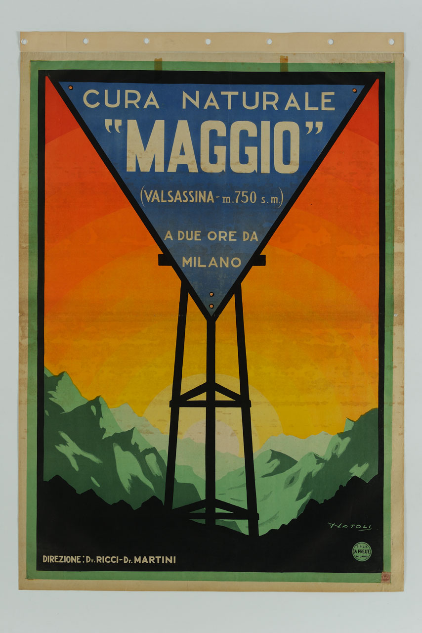 montagne e traliccio con triangolo contenente scritta pubblicitaria (manifesto) di Natoli Domenico detto Scapin (sec. XX)
